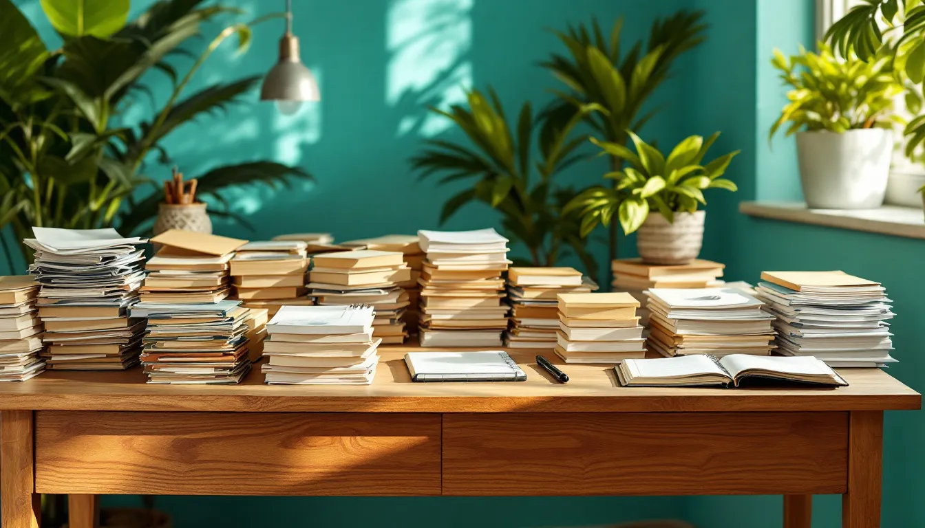 Chatbot sur mesure : piles de chemises cartonnées beiges et de feuilles empilées sur un grand bureau en bois clair, carnets ouverts et stylo posés devant, plantes vertes et mur turquoise en arrière-plan, dans un bureau en Guadeloupe