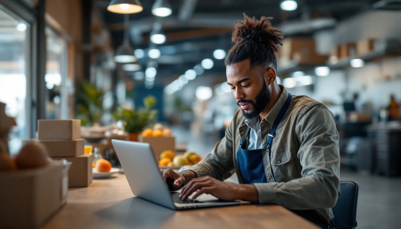 Création de site internet à Baie-Mahault : commerçant travaillant sur son site internet dans sa boutique