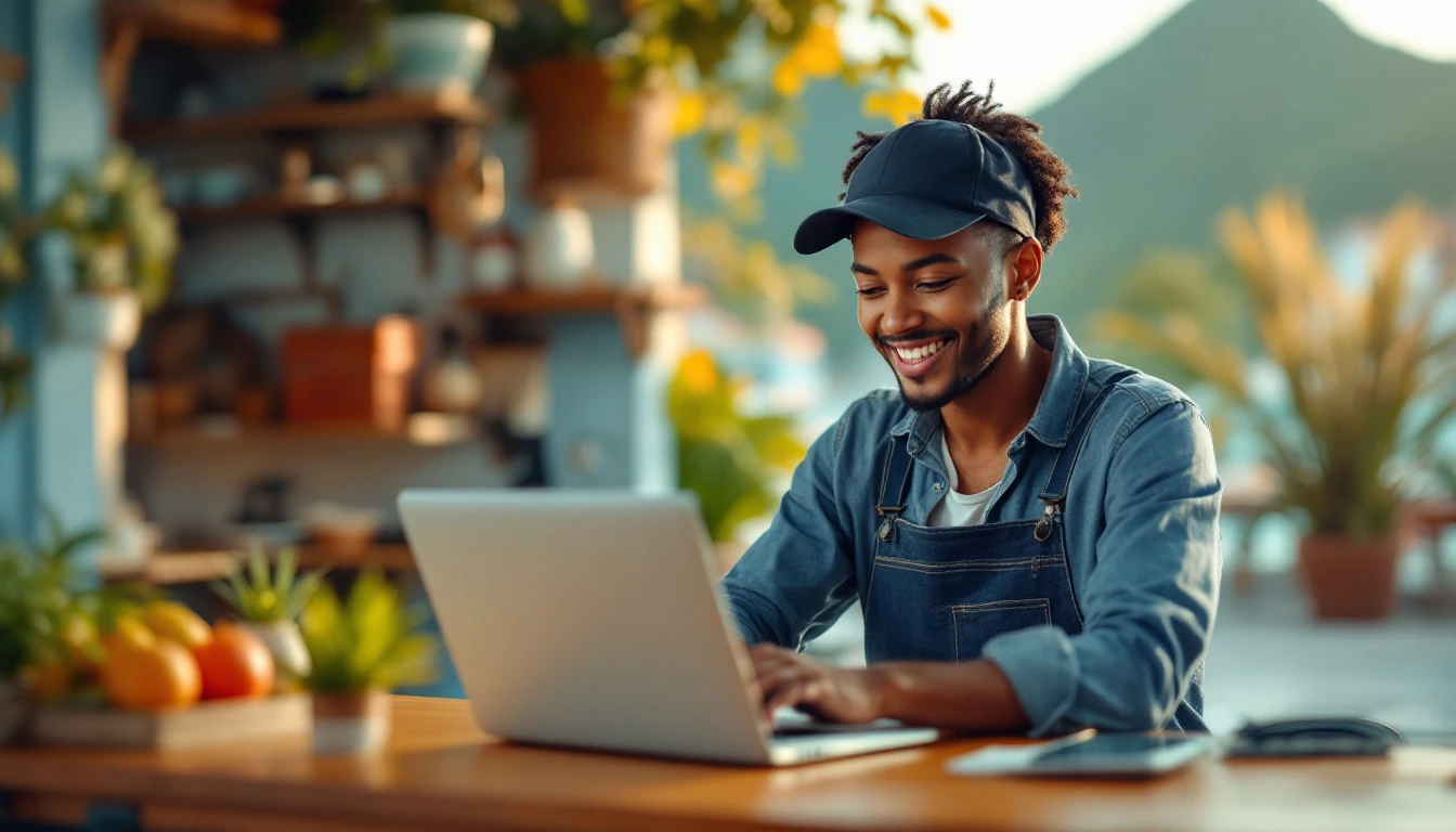 Création de site internet à Basse-Terre : commerçant travaillant sur son site internet dans sa boutique