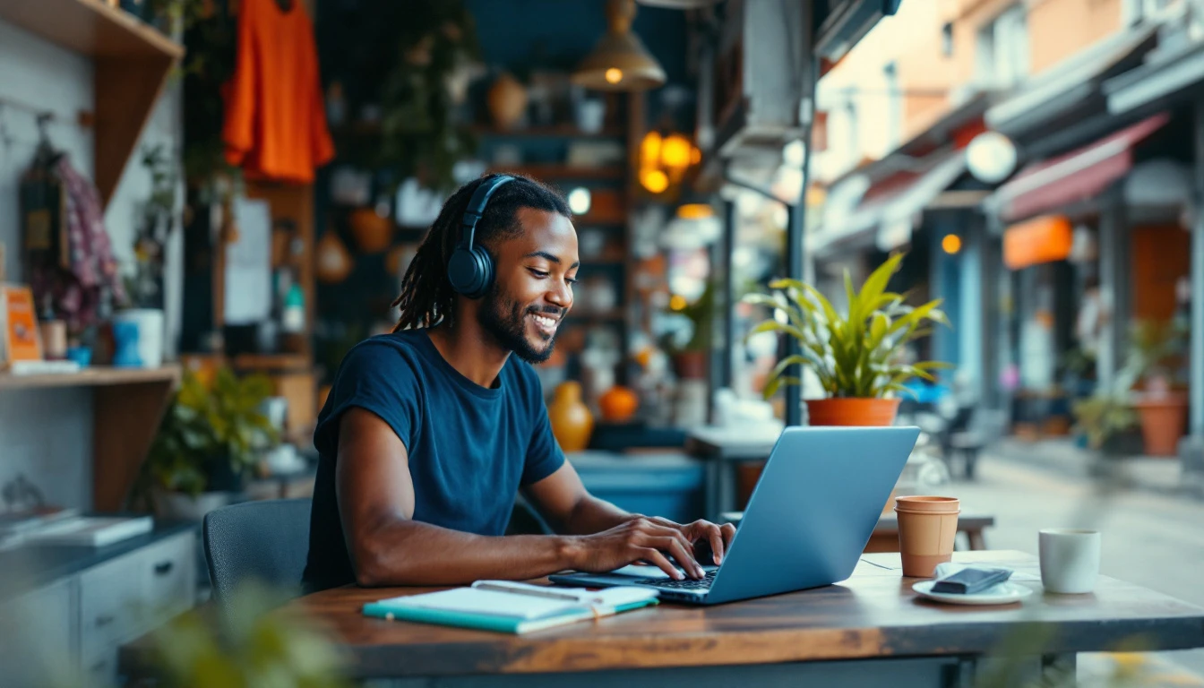 Création de site internet aux Abymes : commerçant travaillant sur son site internet dans sa boutique