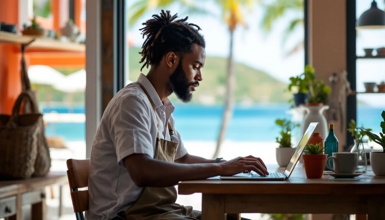 Création de site internet à Sainte-Anne : commerçant travaillant sur son site internet dans sa boutique