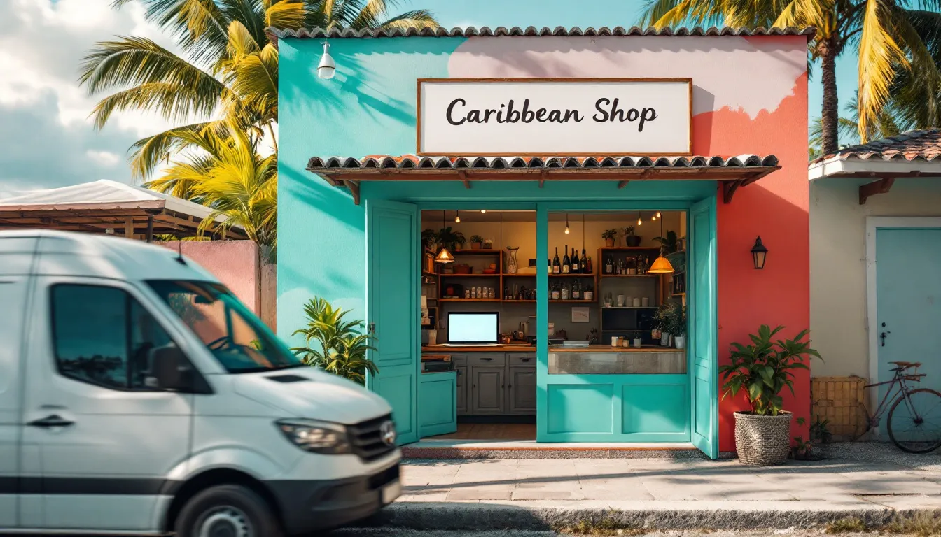 Création de logo en Guadeloupe : devanture de commerce à l’enseigne peinte, véhicule utilitaire stationné devant et site internet affiché sur l’écran du comptoir