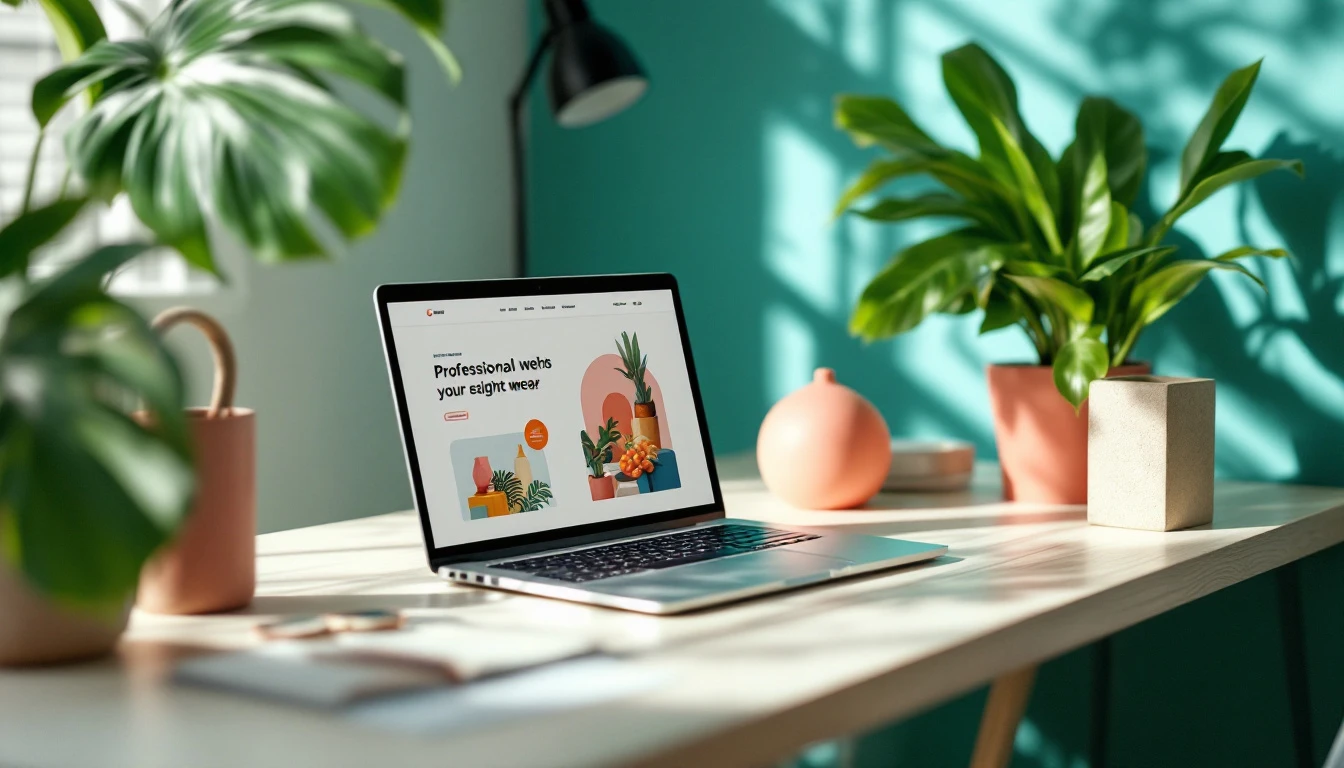 Création de site internet en Guadeloupe : espace de travail de l'agence web Innotech IT avec maquette de site et plantes tropicales