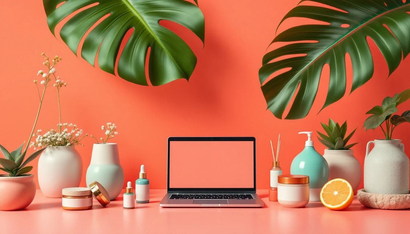 Boutique en ligne en Guadeloupe : cosmétiques et produits locaux présentés avec un ordinateur portable pour vendre sur internet