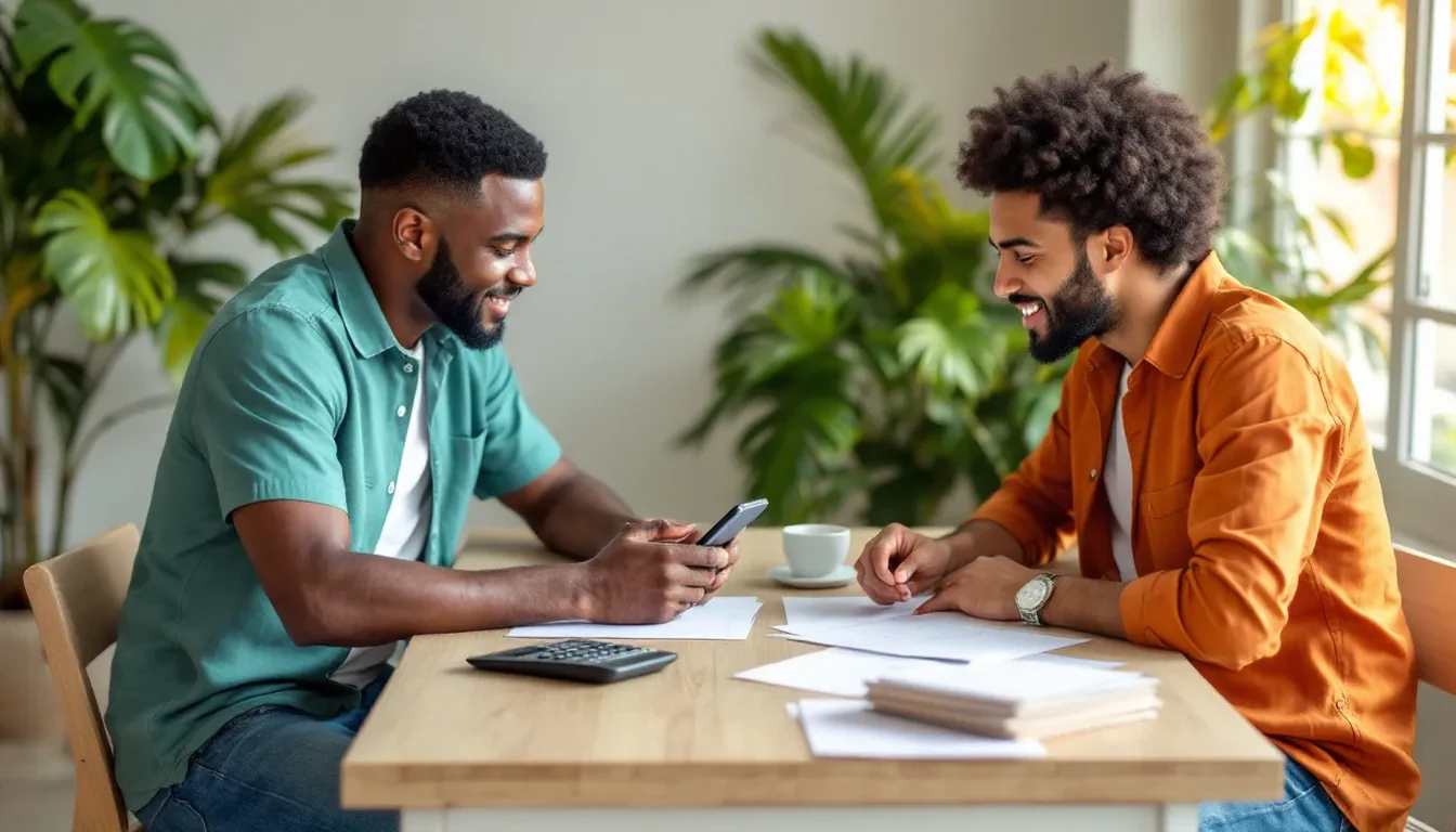 Shopify : commerçant et conseiller comparant sur un bureau les frais d’abonnement d’une boutique en ligne, calculatrice et téléphone à portée de main, en Guadeloupe