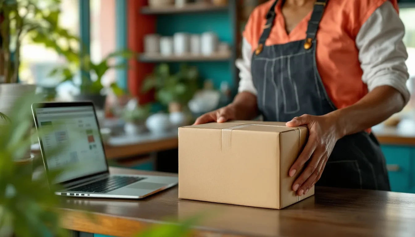 Shopify : mains d’une commerçante antillaise scellant un colis sur le comptoir de sa boutique, ordinateur portable ouvert à côté affichant son tableau de bord