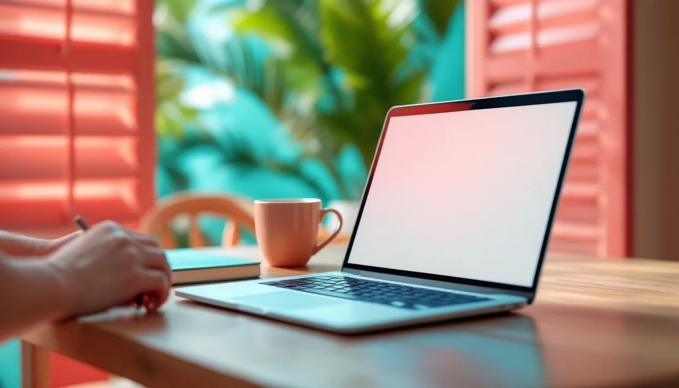 Site internet gîte Guadeloupe : propriétaire notant ses disponibilités près d’un ordinateur portable, dans un intérieur créole aux volets corail ouverts sur la verdure