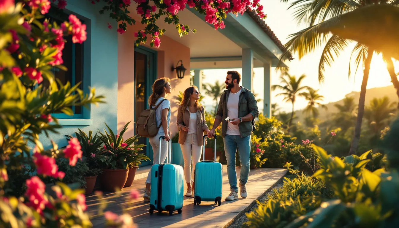 Site internet gîte Guadeloupe : voyageurs arrivant valises à la main devant un gîte créole aux façades pastel, bougainvilliers et palmiers
