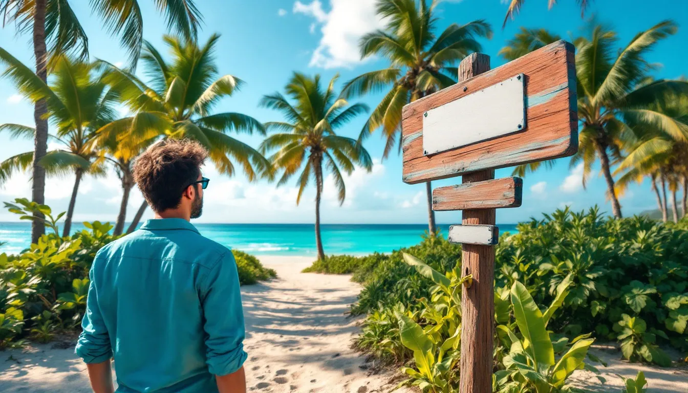Site invisible sur Google : panneau de bois aux plaques vierges sur un chemin de sable bordé de palmiers, face à la mer en Guadeloupe