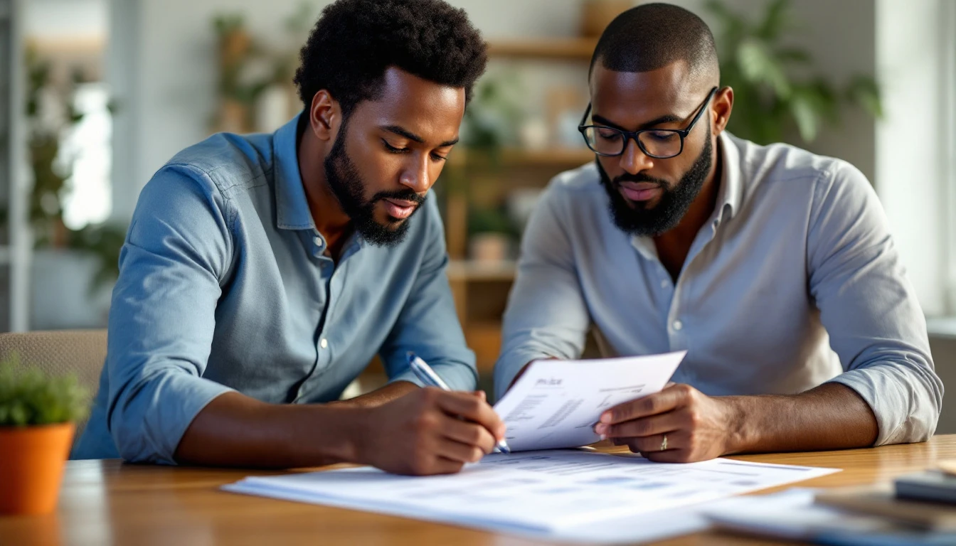 Tarifs création de site Guadeloupe : deux dirigeants comparant une grille tarifaire imprimée dans un bureau