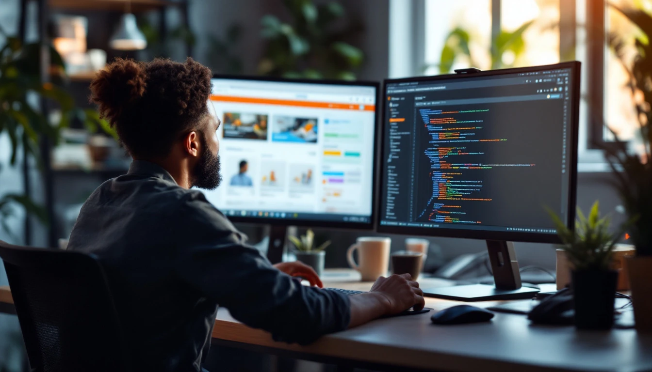 E-commerce headless en Guadeloupe : développeur configurant un back-office sur deux écrans